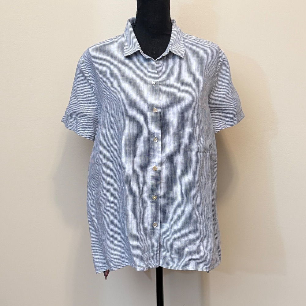 J. Jill Women L Blue Striped Linen Cotton Mixed Media Floral Handkerchief Shirt